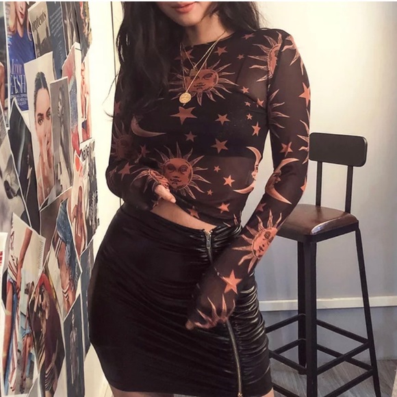 Sheer Black Top NEW Boho Sun Moon Stars Design - Picture 5 of 10